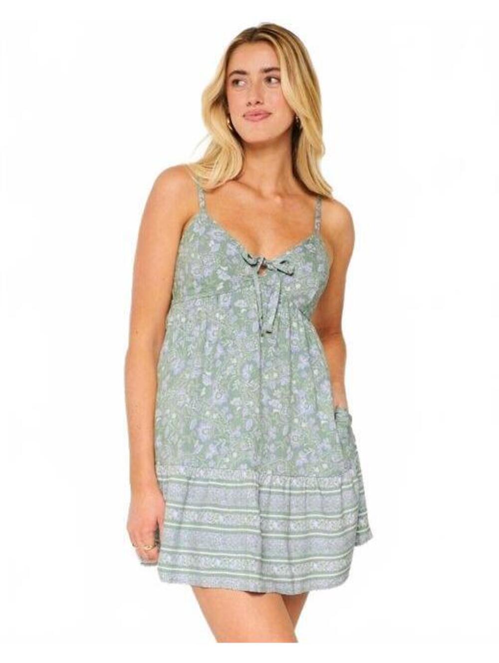 Hollister Sage Green Floral Tie Front Mini Dress Cutout Back Pockets Medium